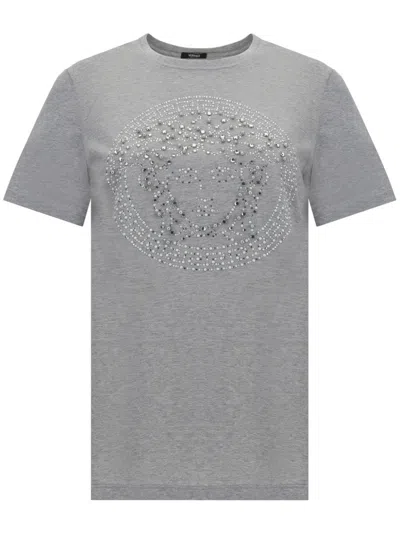 Versace Logo-embroidered T-shirt In Grey