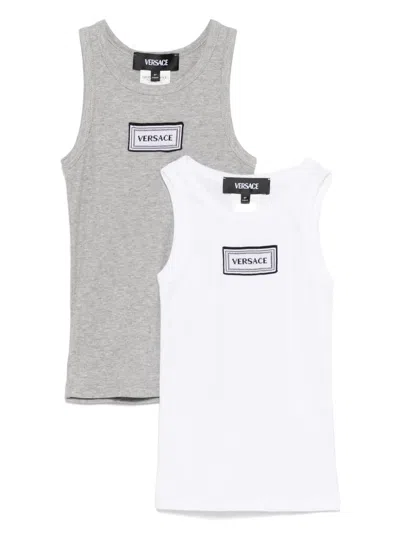 Versace Kids' Logo-embroidered Tank Tops (pack Of Two) In White