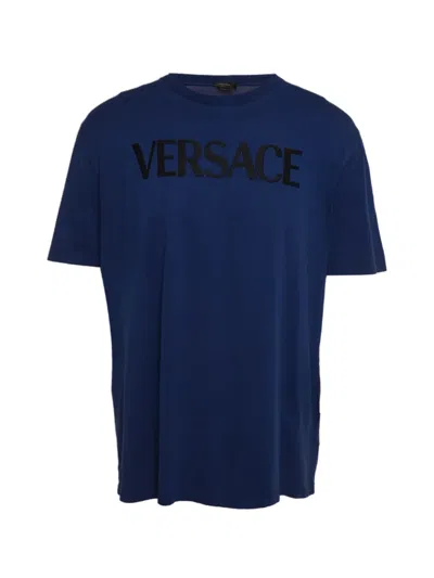 Pre-owned Versace Logo Embroidered T-shirt In Blue
