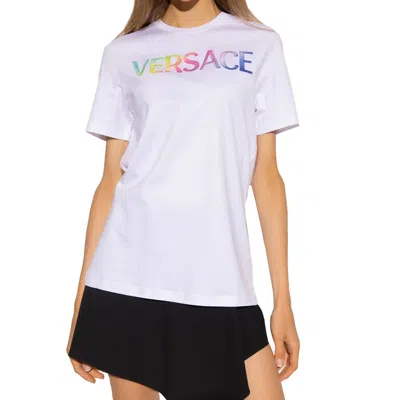 Versace Logo Embroidered T-shirt In White In Multi