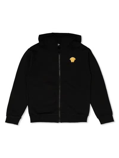 Versace Kids' Logo-embroidered Zip-fastening Hoodie In Black