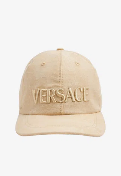 Versace Logo Embroidery Cap In Beige
