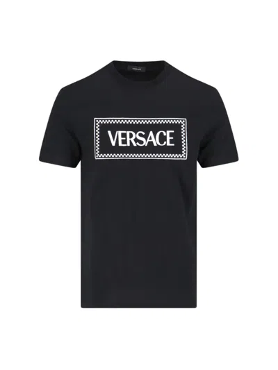 Versace Black Crewneck T-shirt With Contrasting Logo Lettering Print In Cotton