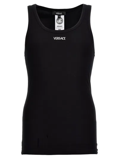 Versace Logo Embroidery Tank Top In Black