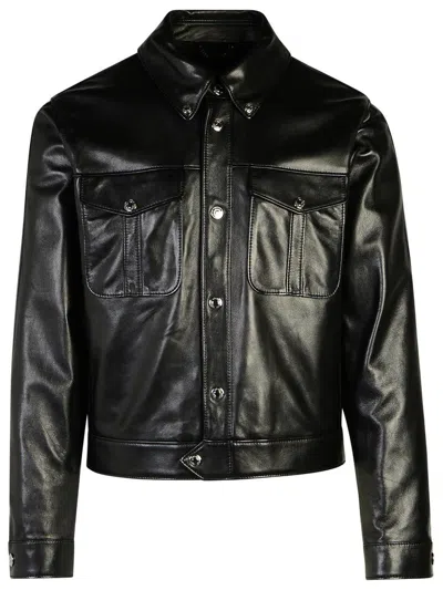VERSACE VERSACE LOGO ENGRAVED BUTTONED LEATHER JACKET