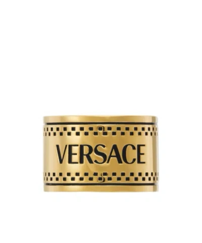 Versace Logo-engraved Chunky Ring In Black+gold