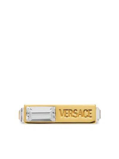 Versace Logo-engraved Crystal-embellished Ring In Gold