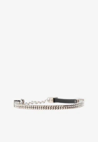 Versace Logo Engraved Leather And Chain Bracelet In Silver