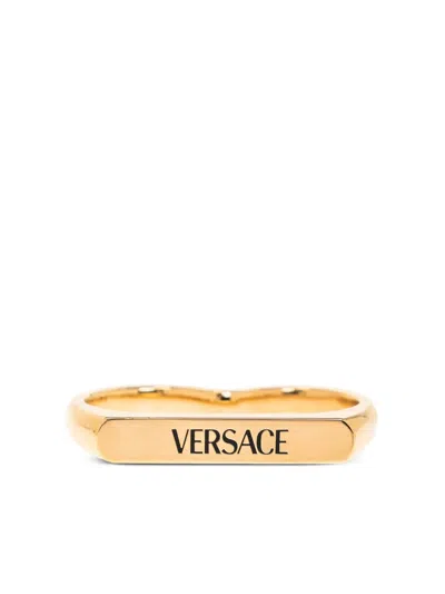 Versace Logo-engraved Two Finger Ring In Gold