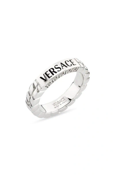 Versace Logo Engraved Ring In Palladium
