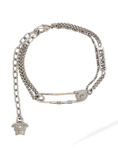 Pre-owned Versace Logo-engraved Safety-pin Bracelet In Silver