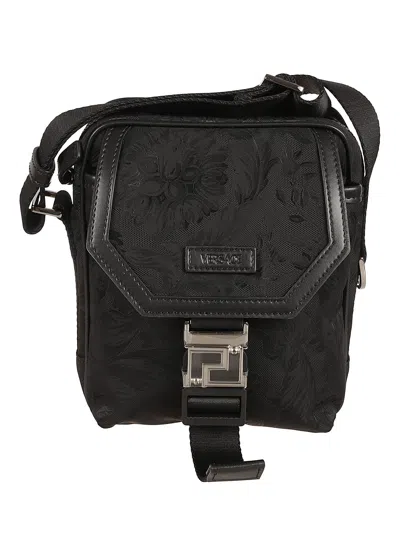 Versace Logo Flap Shoulder Bag In Black