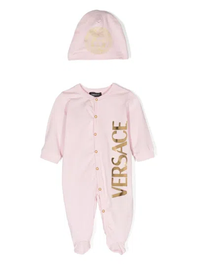 Versace Logo-flocked Cotton Babygrow Set In Pink