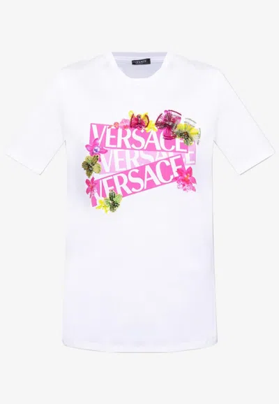 Versace Logo Floral Appliqué T-shirt In White
