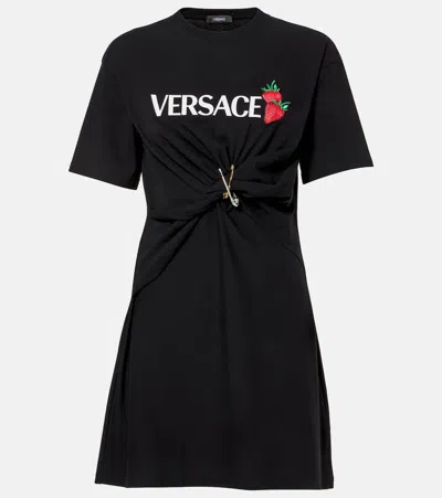 Versace Safety Pin Embroidered Mini T-shirt Dress In Black
