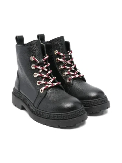 Versace Logo Grained-leather Boots In Black