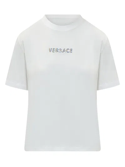 Versace Crystal Embellished Logo Cotton T-shirt In White