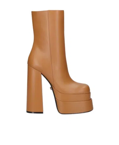 Versace Logo High Heels And Bare Boots In Brown