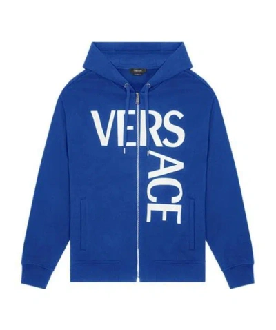 Versace Logo Hooded Zipper Sweater In Blue