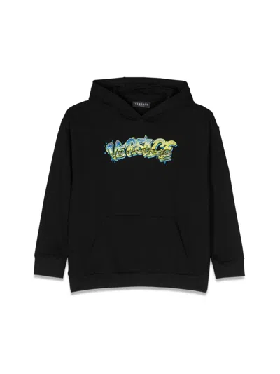 Versace Kids' Logo-embroidered Cotton Hoodie In Black