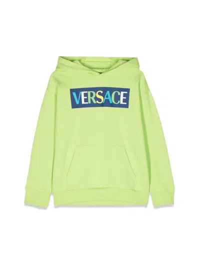 Versace Kids' Logo印花平纹针织抓绒连帽衫 In Green