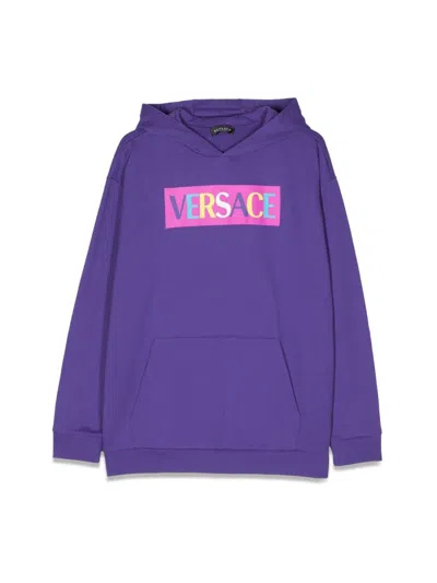 Versace Kids' Logo-print Drop-shoulder Hoodie In Purple