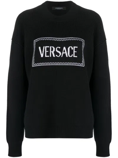 Versace Logo-intarsia Ribbed Jumper In Black