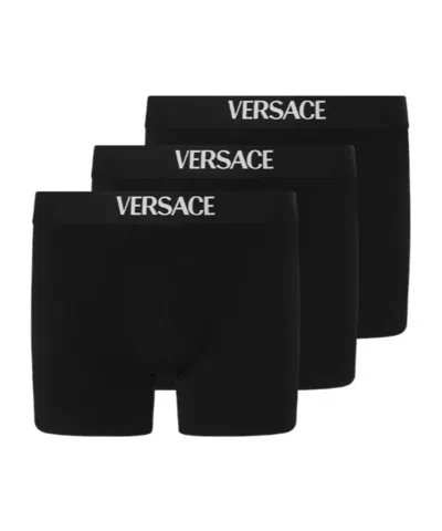 Versace Logo Intarsia Three-pack Boxers In Black