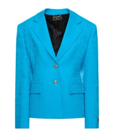 Versace Logo Jacquard Casual Jacket In Blue