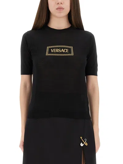 Versace Logo Knit T Shirt In Black