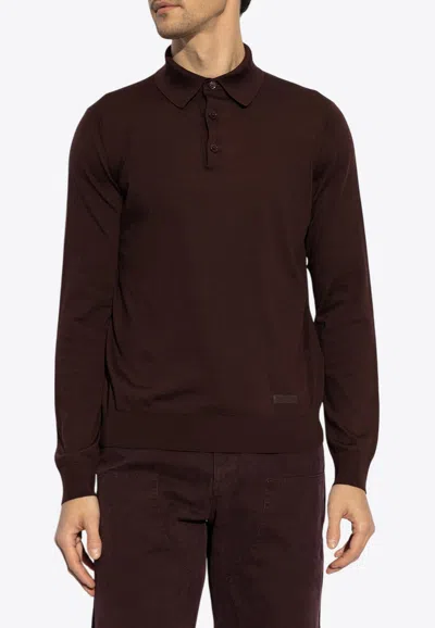 Versace Logo Label Long-sleeved Polo T-shirt In Bordeaux