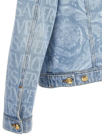 Versace Logo Laser Print Denim Jacket In Blue