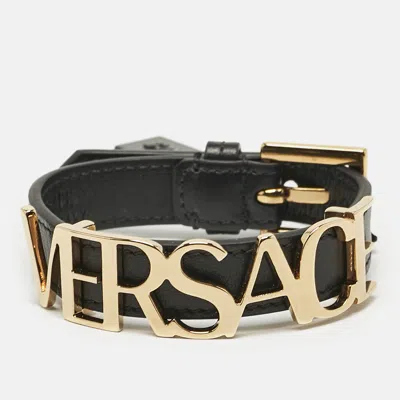 Pre-owned Versace Logo Leather Gold Tone Bracelet