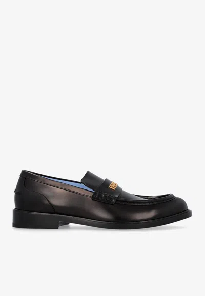 Versace Logo Leather Loafers In Black