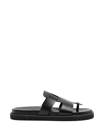 Versace Logo Leather Sandals In Black