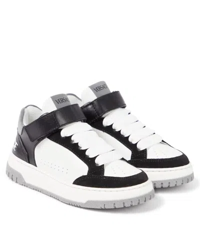 Versace Kids' Logo Leather Sneakers In White/blk