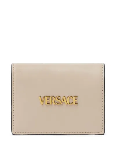 Versace Logo Leather Wallet In Neutral