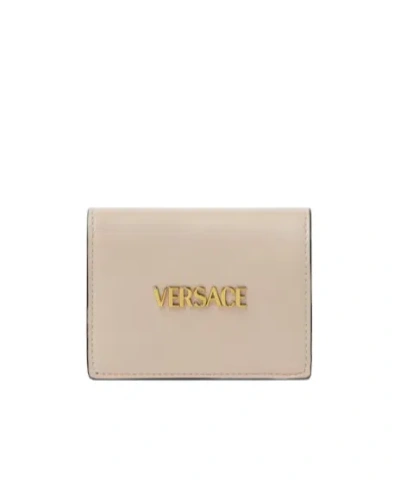 Versace Logo Leather Wallet In Neutral