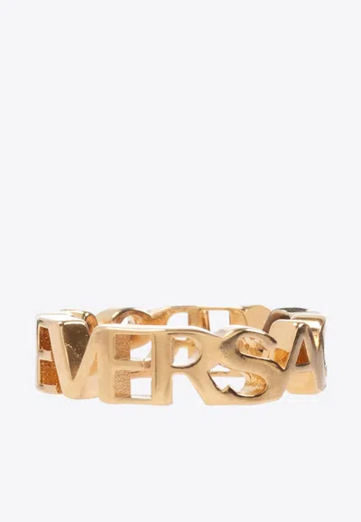 Versace Logo Lettering Brass Ring In Gold