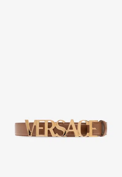 Versace Logo Lettering Buckle Leather Belt In Brown