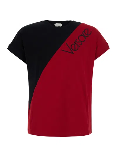 Versace Logo Lettering Color-block Stretch Cotton T-shirt For Men In Multi