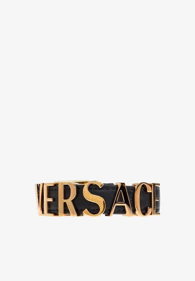 Versace Logo Lettering Leather Bracelet In Black