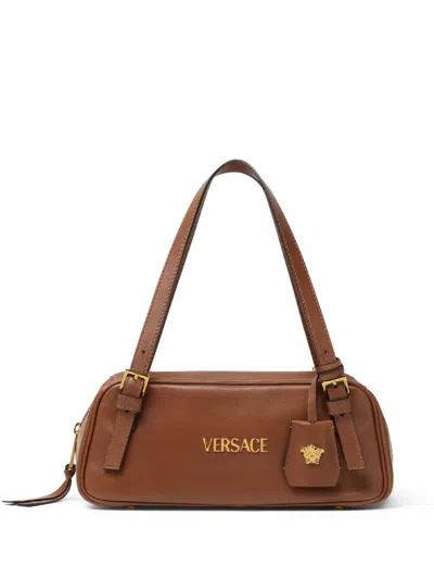 Versace Logo-lettering Shoulder Bag In Brown