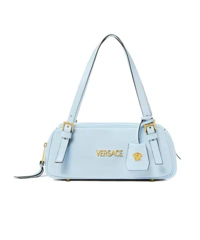 Versace Logo-lettering Zipped Shoulder Bag In Blue