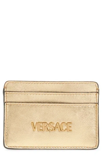 Versace Logo Metallic Leather Card Case In Gold
