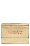 Versace Logo Metallic Leather Trifold Wallet In Gold