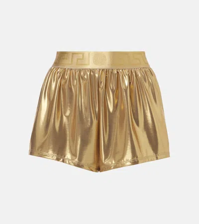 Versace Logo Metallic Swim Shorts In Gold