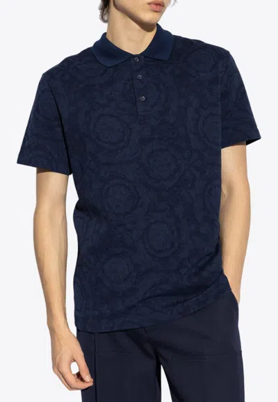 Versace Logo-monogram Polo T-shirt In Navy