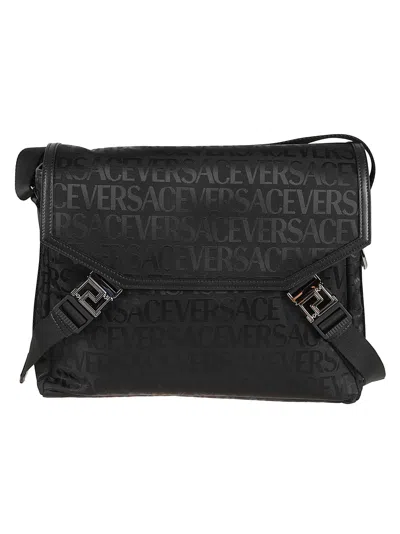 Versace Logo Monogram Shoulder Bag In Black