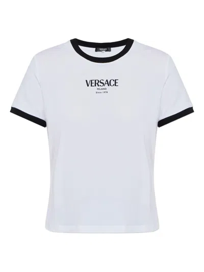 Versace Logo Motif Ribbed Trim Short-sleeve Crewneck Top In White